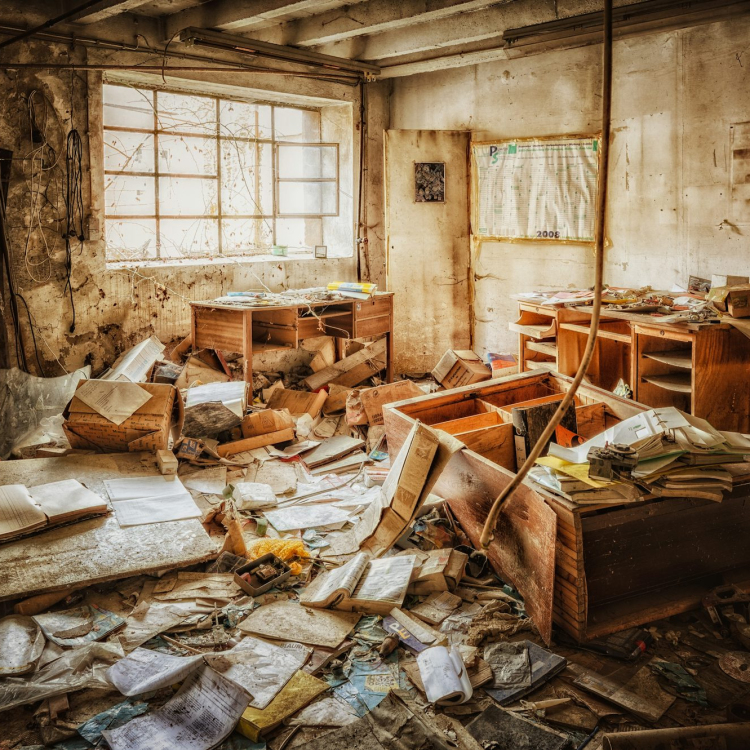 A room filled with lots of junk next to a window