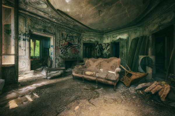 A room with a couch and a table