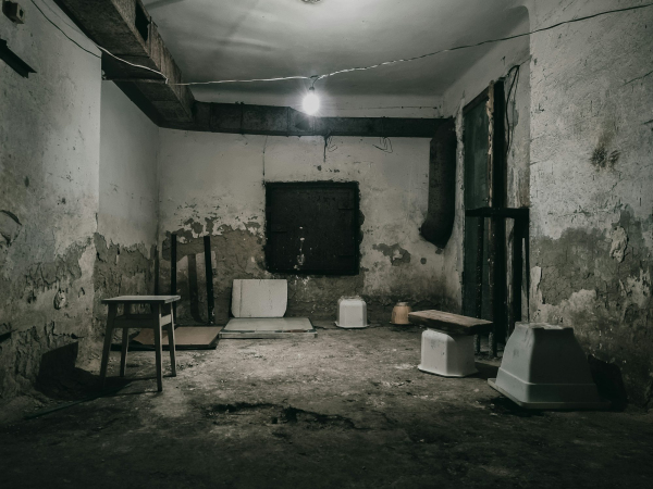 A run down room with two chairs and a table