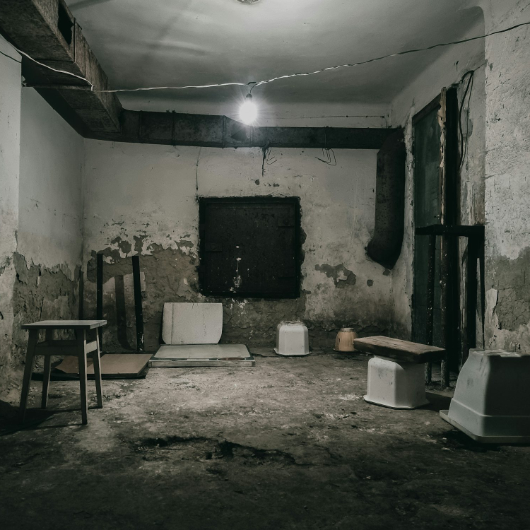 A run down room with two chairs and a table