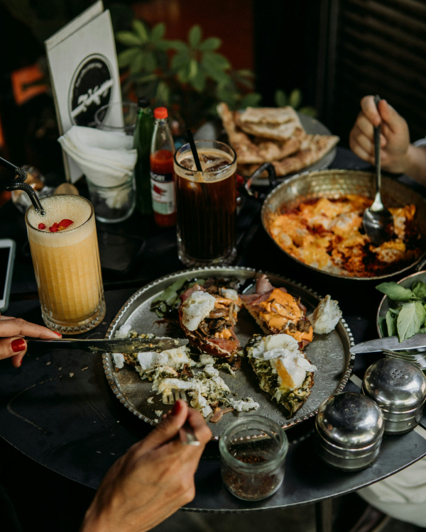 A table with food and drinks on it
