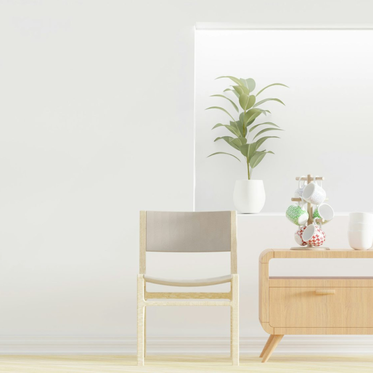 A white room with a chair and a table