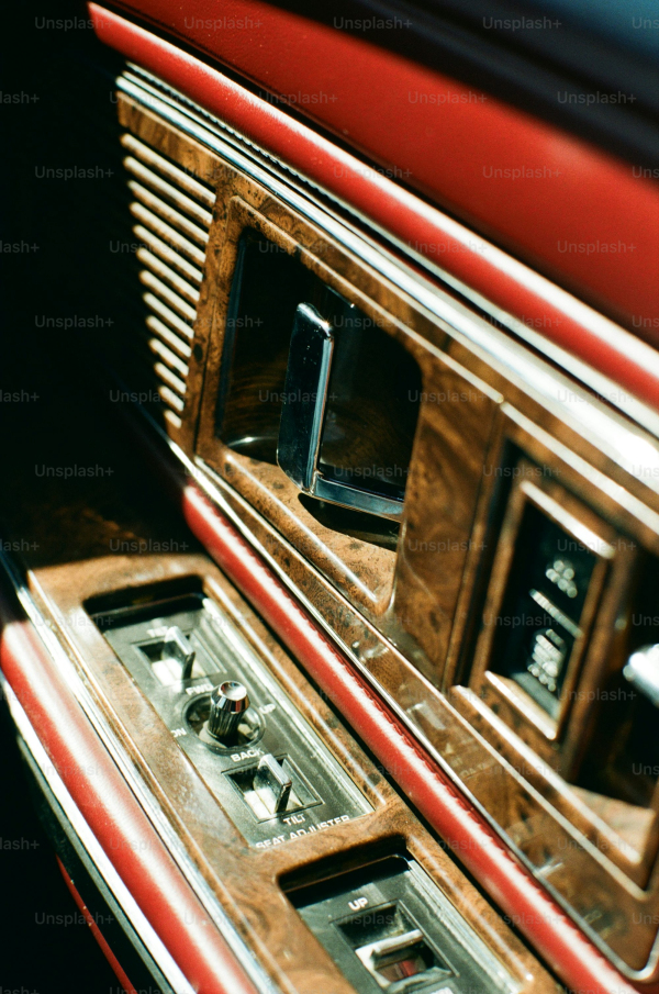 An antique car doors interior details are shown
