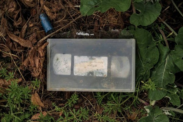 Clear glass container on brown dried leaves