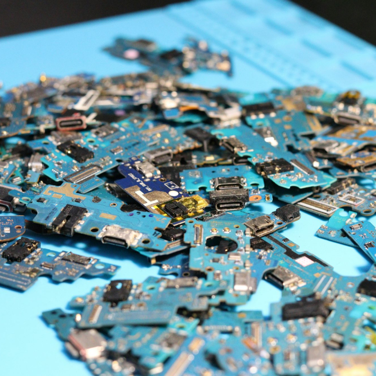 Electronic circuit boards are piled on a blue mat