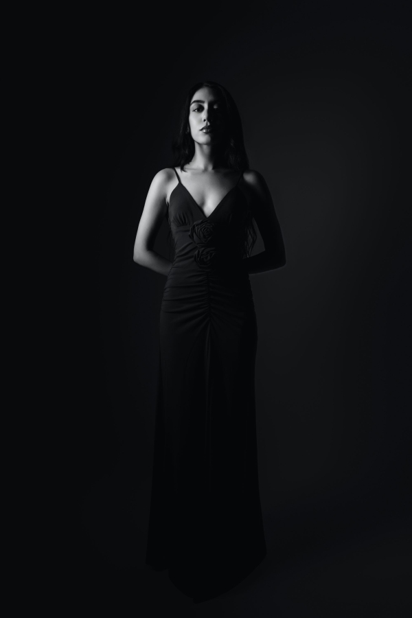 Elegant woman stands in a black dress