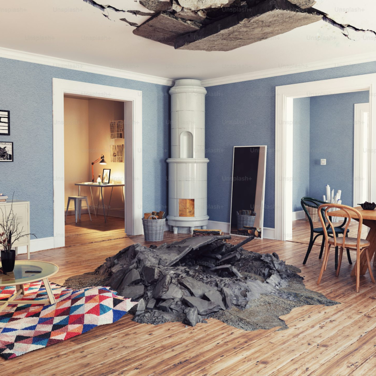Modern interior and destroyed floor and ceiling 3d rendering illustration concept