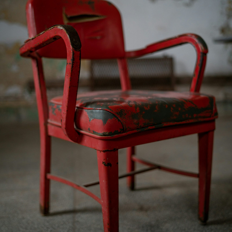 Red plastic armchair on gray concrete floor