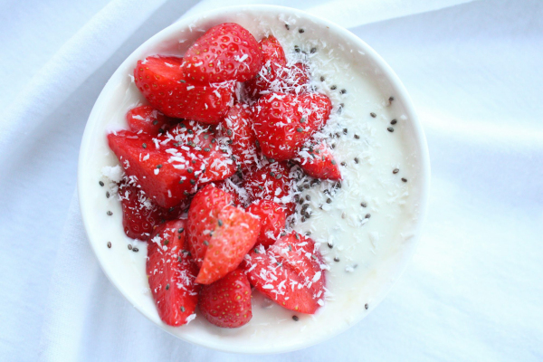 Strawberries on white ceramic bowl