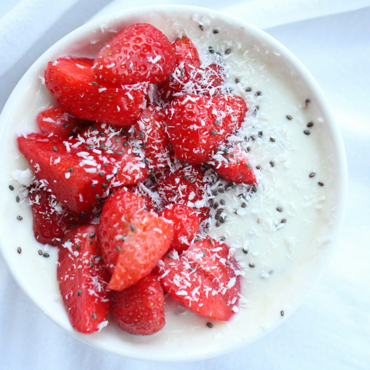 Strawberries on white ceramic bowl