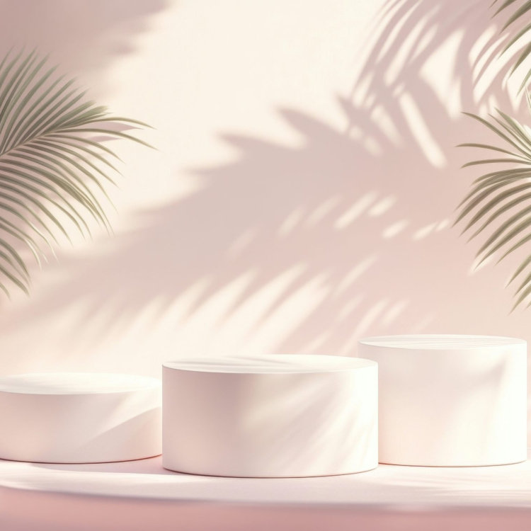 Three white cubes sitting on top of a table next to a palm tree