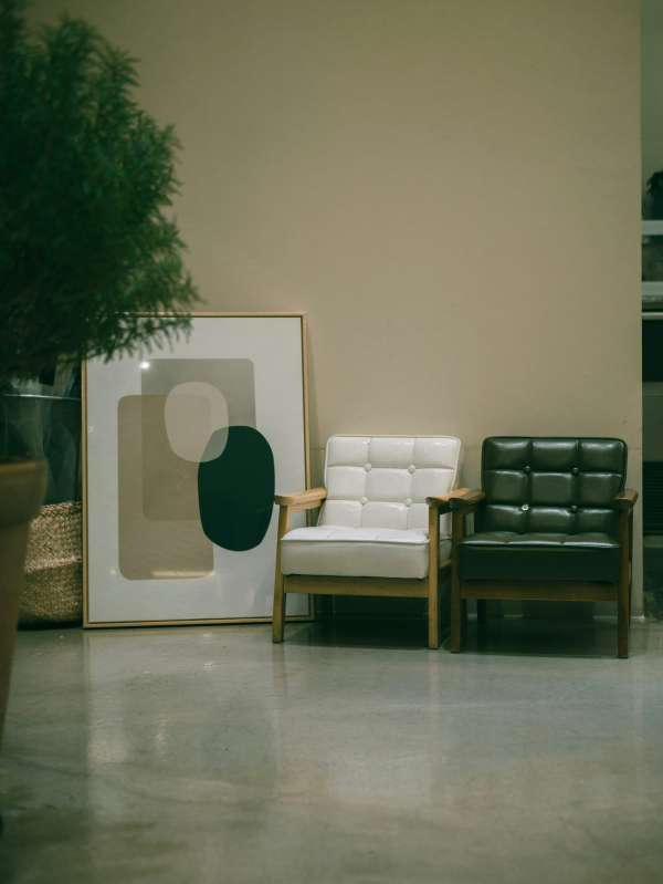 Two vacant white and black armchairs
