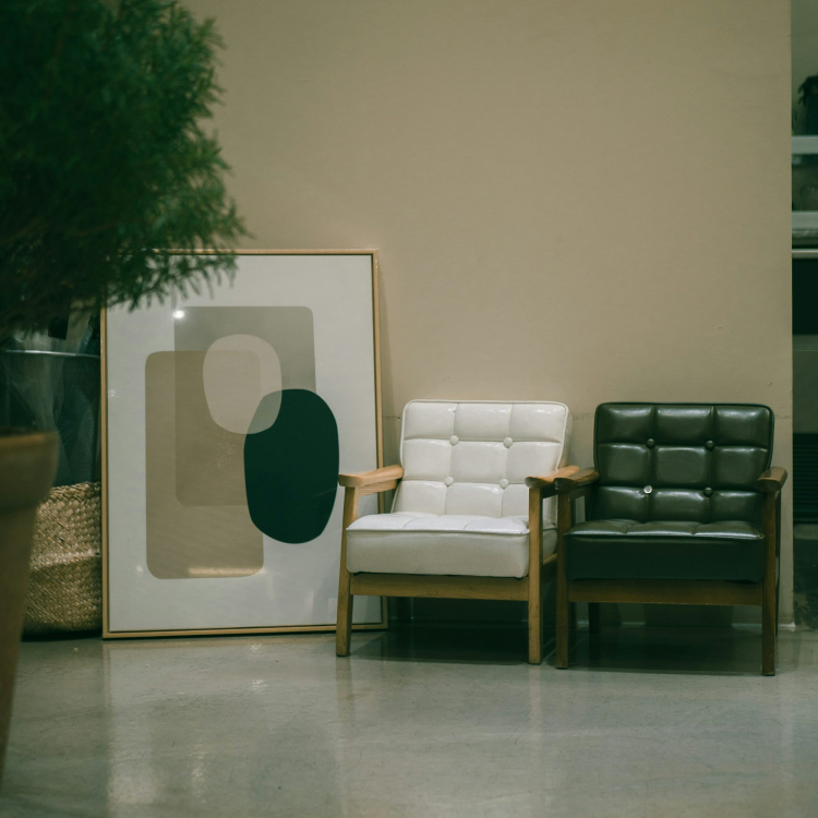 Two vacant white and black armchairs